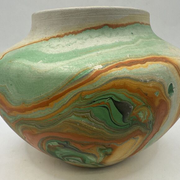 Vintage Nemadji Pottery Vase Green Orange Watercolor Swirled Indian Head Mark - Picture 2 of 6